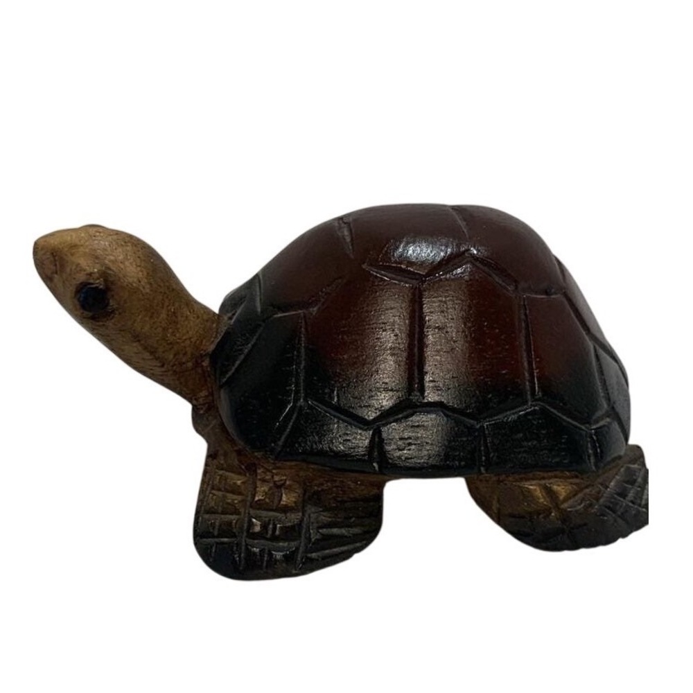 Hand Carved Wood Turtle Figurine Small Wooden Animal Sculpture Dark Wood Decor